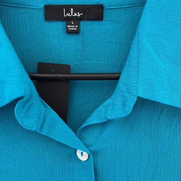 Lulus Endless Energy Blue Collared Button-up Short Sleeve Top - Size L - Picture 3 of 4